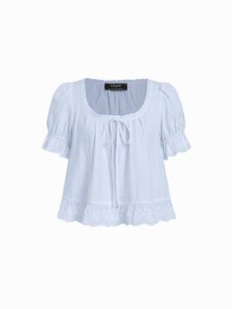 Cider - Lace Trim Women's Tie-Up Puff Sleeve Blouse Light Blue