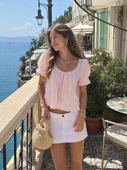 Cider - Lace Trim Women's Tie-Up Puff Sleeve Blouse Pink