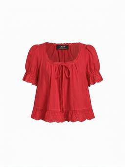 Cider - Lace Trim Women's Tie-Up Puff Sleeve Blouse Red