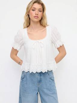 Cider - Lace Trim Women's Tie-Up Square Neck Puff Sleeve Blouse White