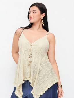 Cider - Jacquard Women's Sweetheart Tie-Front Hanky Hem Cami Top Cream