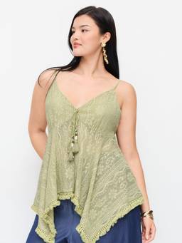 Cider - Jacquard Women's Sweetheart Tie-Front Hanky Hem Cami Top Green