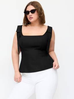 Cider - Linen Blend Women's Square Neck Bowknot Blouse Black