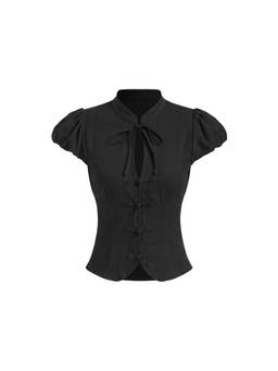 Cider - Cotton Blend Women's Stand Collar Puff Sleeve Cut-Out Blouse Black