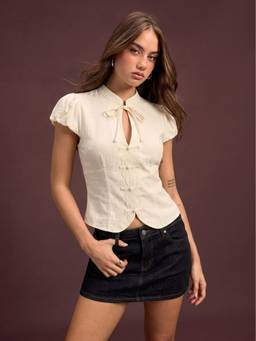 Cider - Cotton Blend Women Stand Collar Puff Sleeve Cut-Out Blouse Cream