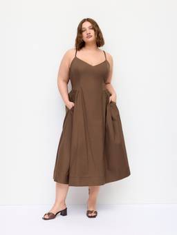 Cider - Cotton-Blend Women Sweetheart Neck Flared Midi Dress Brown