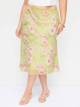 Cider - Mesh Embroidery Women Floral Mermaid Midi Skirt Matcha Green