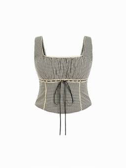 Cider - Gingham Women's Ruched Square Neck Corset Crop Top Black