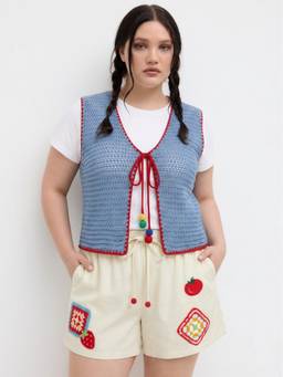 Cider - Knit Crochet Women Tie-Front V-Neck Vest Blue
