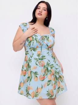 Cider - Fruit Print Women's Ruched Square Neck A-Line Mini Dress Baby Blue