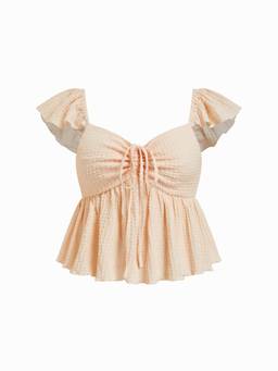 Cider - Textured Women's Sweetheart Ruffled Sleeve Peplum Top Pink