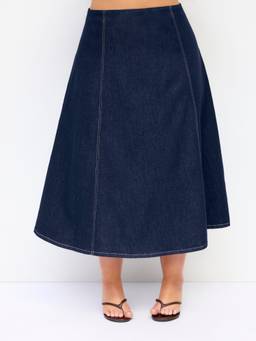 Cider - Stretch Denim Women Mid-Rise Oversized A-Line Midi Skirt Navy Blue