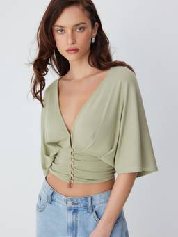 Cider - Women's V-Neck Batwing Ruched Button Top Green