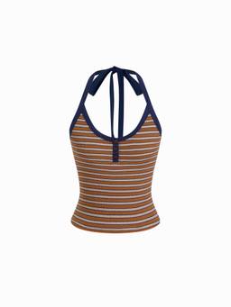 Cider - Textured Stripe Women’s Halter Neck Slim Tank Top Brown