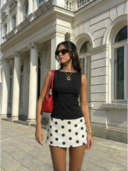 Cider - Colorblock Women’s Boat Neck Polka Dots A-Line Mini Dress Black