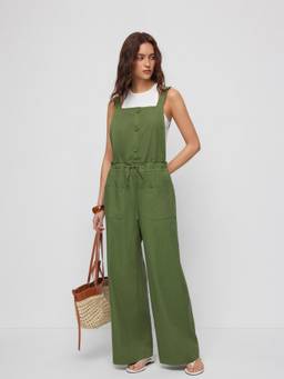 Cider - Linen Blend Women's Square Neck Drawstring Wide-Leg Jumpsuit Olive