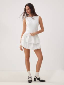 Cider - Textured Women's Boat Neck Bow Top & Bubble Mini Skirt Set White