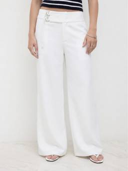 Cider - Linen-Blend Women Low-Waist Metal Detail Wide-Leg Trousers White