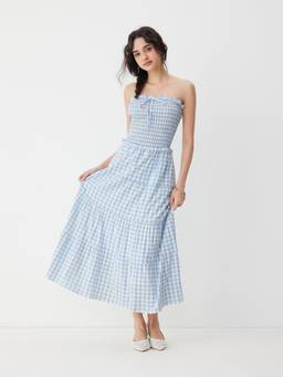 Cider - Gingham Women's Strapless Shirred Tiered Maxi Dress Blue