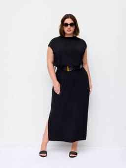 Cider - Round Neck Women Belted Split Straight Maxi Dress Black