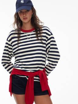 Cider - Stripe Binding Women's Oversized Long Sleeve Tee Navy Blue