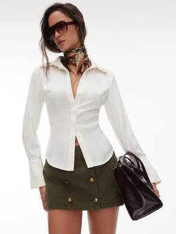 Cider - Satin Collar Women's Regular Fit Button-Down Shirt Beige