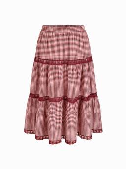 Cider - Gingham Lace Women's Mid-Rise Flared Maxi Skirt Red