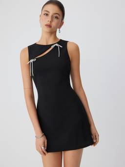Cider - Rhinestone Bowknot Women's Cut-Out Boat Neck A-Line Mini Dress Black