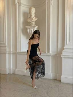 Cider - Lace Panel Women Strapless A-Line Maxi Dress Black