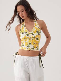 Cider - Lemon Print Women Halter Neck Backless Crop Top Yellow