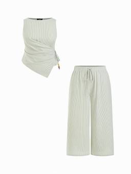 Cider - Cotton Blend Women Striped Beaded Boat Neck Pant Set Green
