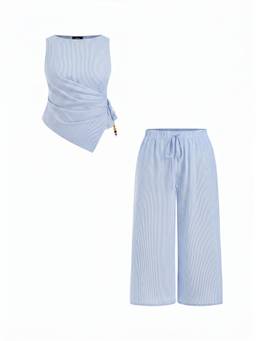 Cider - Striped Beaded Women's Boat Neck Wrap Pant Set Blue