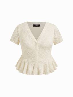 Cider - Lace V-Neck Women's Ruffle Hem Button-Front Blouse Cream