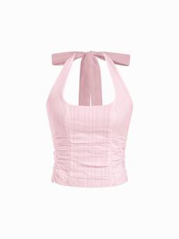 Cider - Cotton Jacquard Women Ruched Halter Neck Blouse Pink