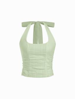 Cider - Cotton Jacquard Women’s Ruched Halter Neck Blouse Green