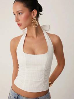 Cider - Cotton Jacquard Women Ruched Halter Neck Blouse White
