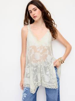 Cider - Jacquard Women's V-Neck Lace Ruffled Oversized Blouse Beige