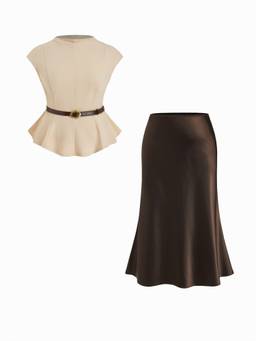 Cider - Cinched Waist Women's Stand Collar Skirt Set Cream