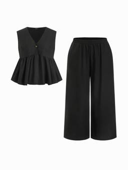 Cider - Linen Blend Women’s V-Neck Ruched Peplum Pant Set Black