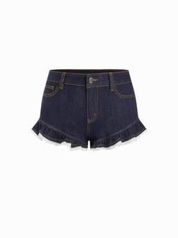 Cider - Stretch Denim Women's High Rise Ruffled Lace Trim Shorts Navy Blue