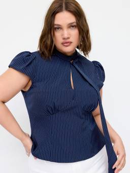 Cider - Striped Women's Cut-Out Stand Collar Blouse Navy Blue