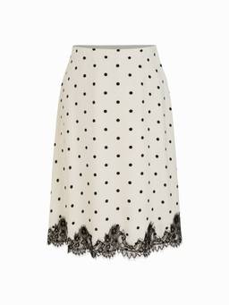Cider - Satin Women's Polka Dot Lace Trim A-Line Midi Skirt Beige