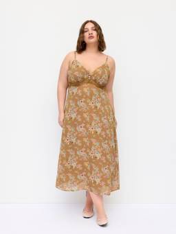 Cider - Floral Women's V-Neck Ruched Lace Slip Maxi Dress Khaki