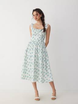 Cider - Women's Floral Square Neck Ruffled Tie-Back A-Line Maxi Dress Blue