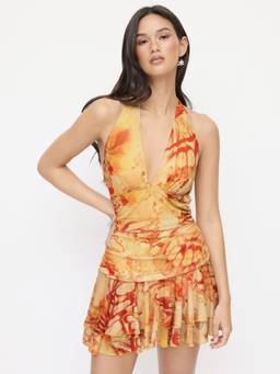 Cider - Abstract Mesh Women's Halter Neck Ruffled A-Line Mini Dress Orange