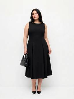 Cider - Pleated Women's Sleeveless Boat Neck A-Line Midi Dress Black