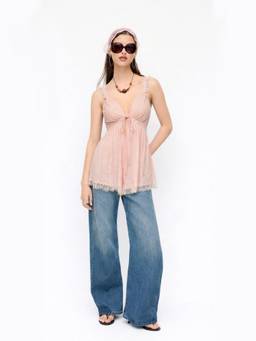 Cider - Sweetheart Lace Women's Tie-Up Sleeveless Top Peach