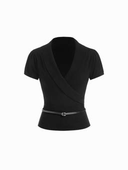 Cider - Knit Wrap Women's V-Neck Belted Top Black