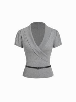 Cider - Knit Wrap Women's V-Neck Belted Top Grey