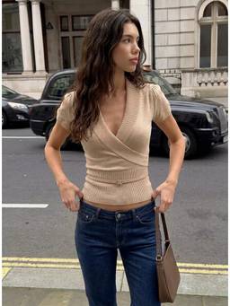 Cider - Knit Women's V-Neck Wrap Belted Top Khaki